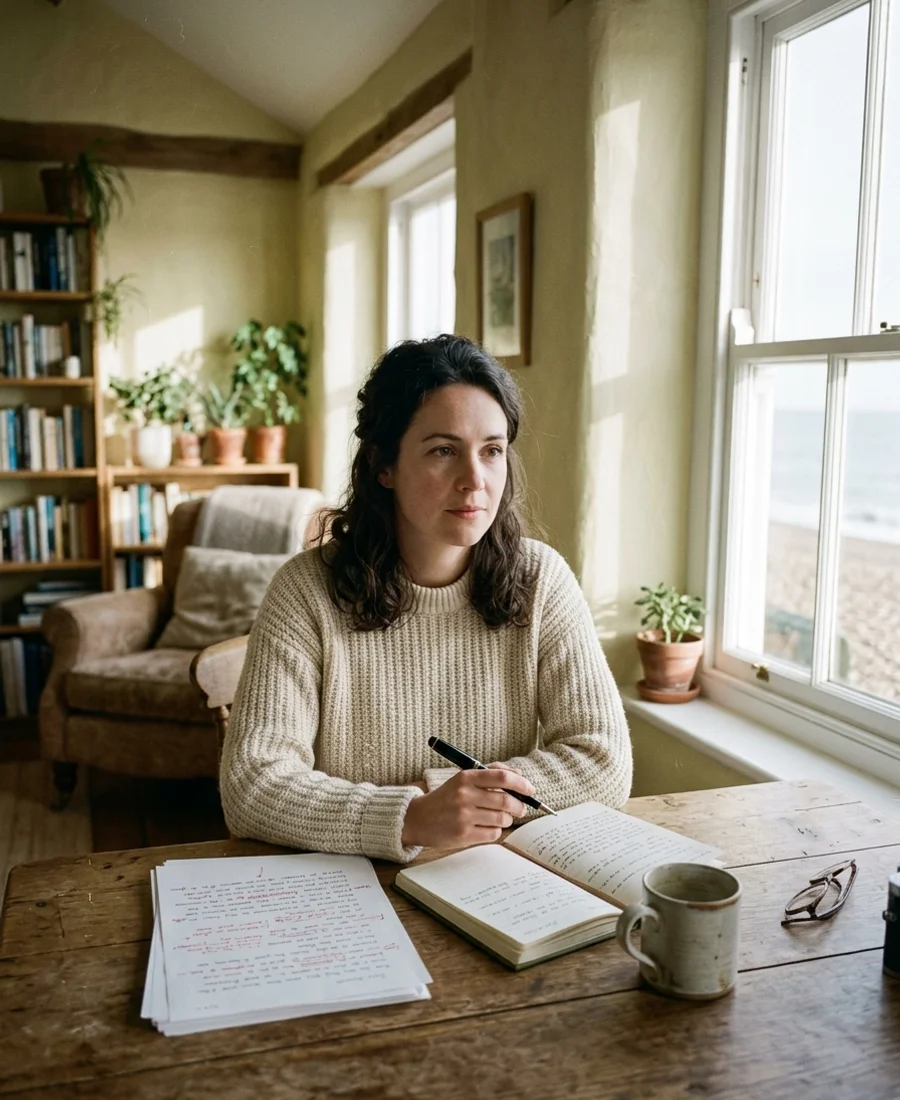 Suzanne den Broek at her studio writing desk