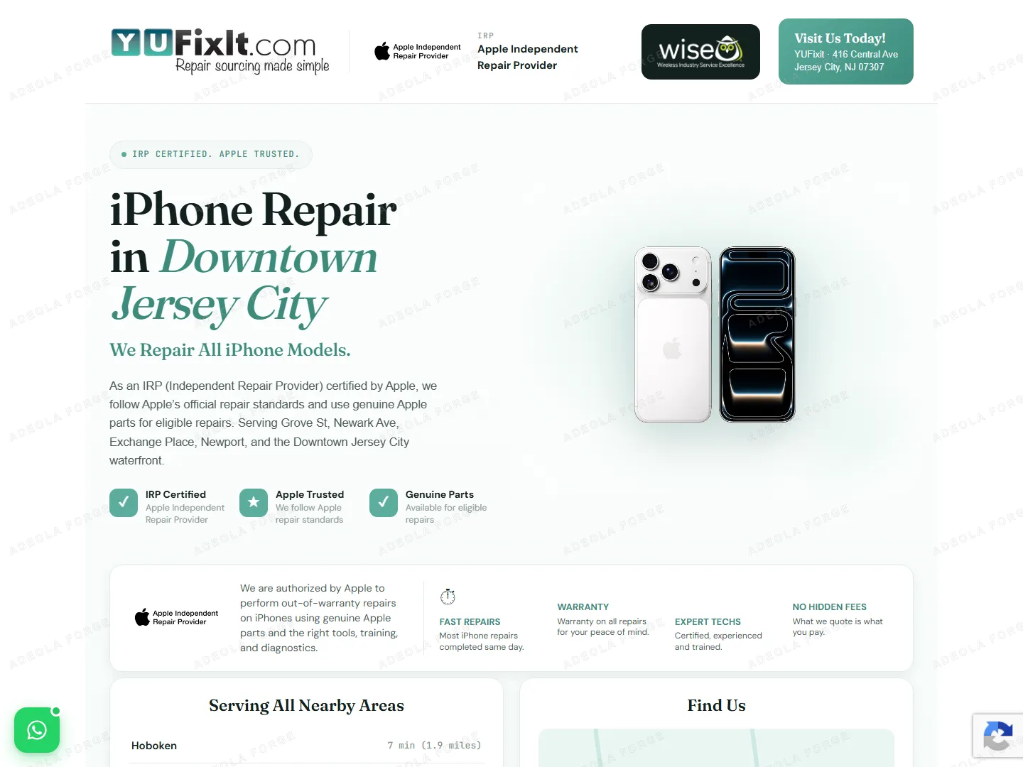 YUFixit local SEO landing page interface for iPhone repair